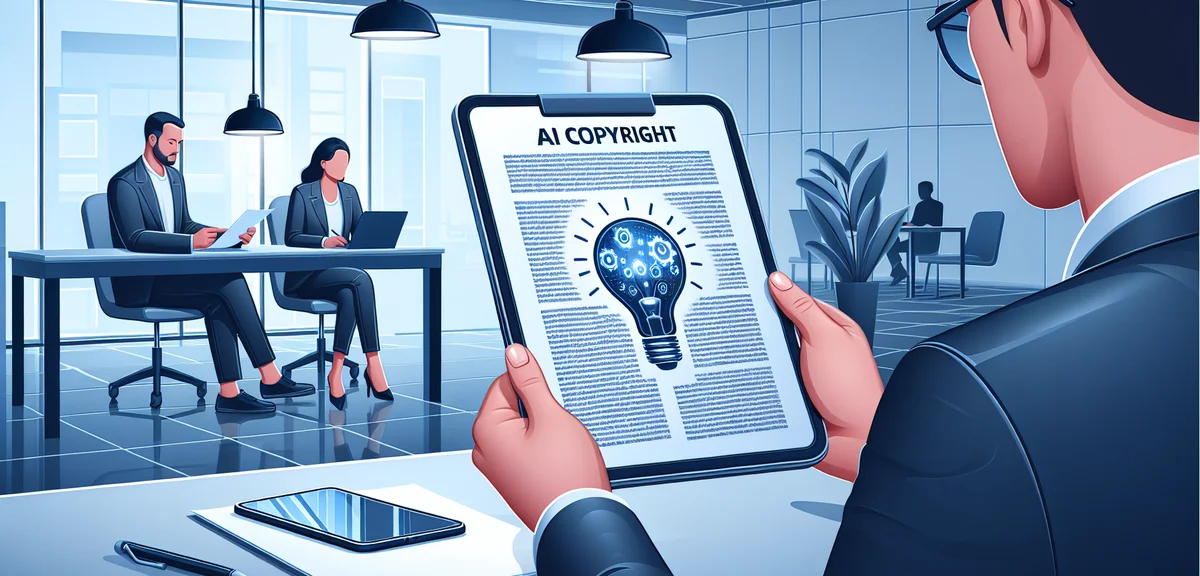 タブレットでAI著作権に関する法的文書を読む人物、モダンなオフィス環境、クリーンなイラストスタイル