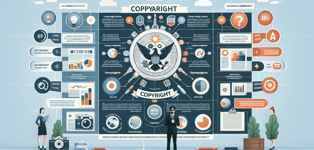 AI生成テキストと画像に著作権ステータスのラベルが付いた比較図、インフォグラフィックスタイル、プロフェッショナルなデザイン