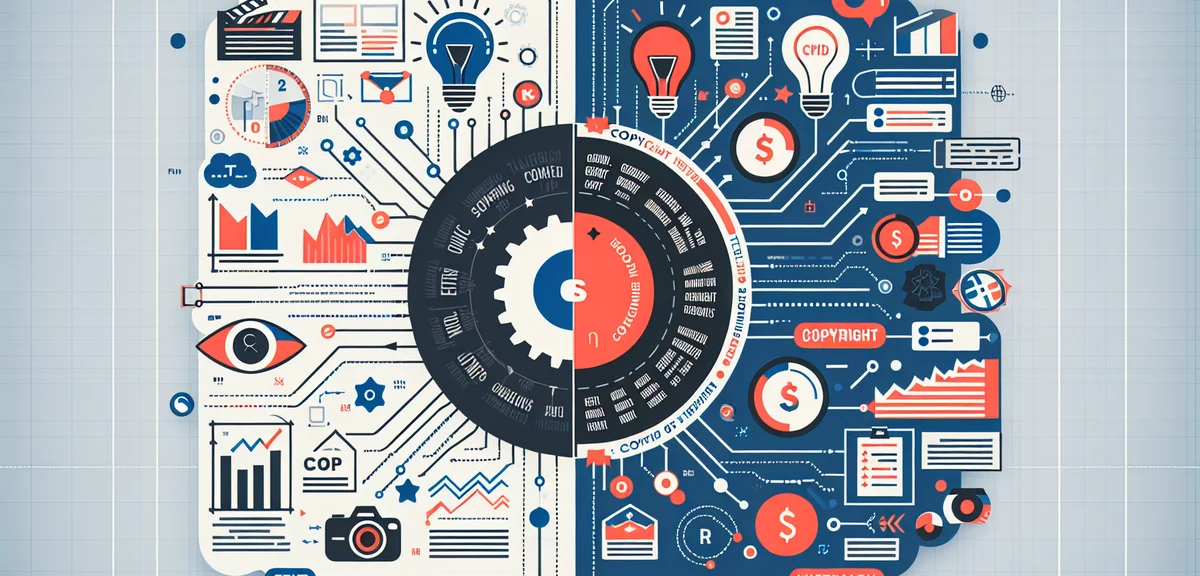 AI生成テキストと画像に著作権ステータスのラベルが付いた比較図、インフォグラフィックスタイル、プロフェッショナルなデザイン