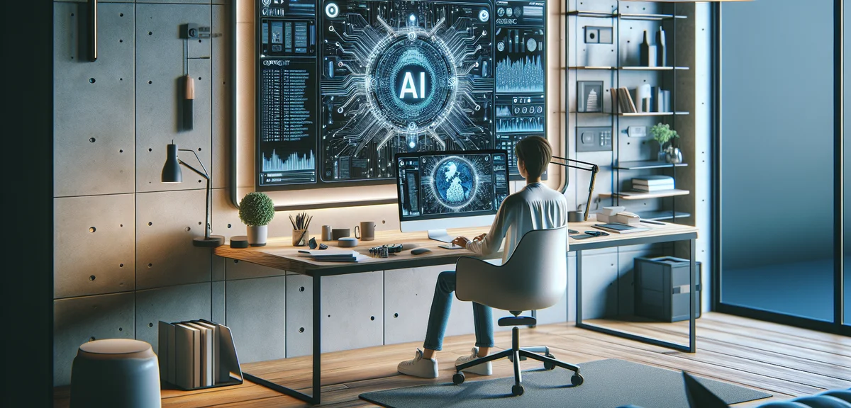 ブロガーがAIツールを安全に使用しながら著作権に関するチェックリストを画面に表示している、明るいモダンなワークスペースイラスト