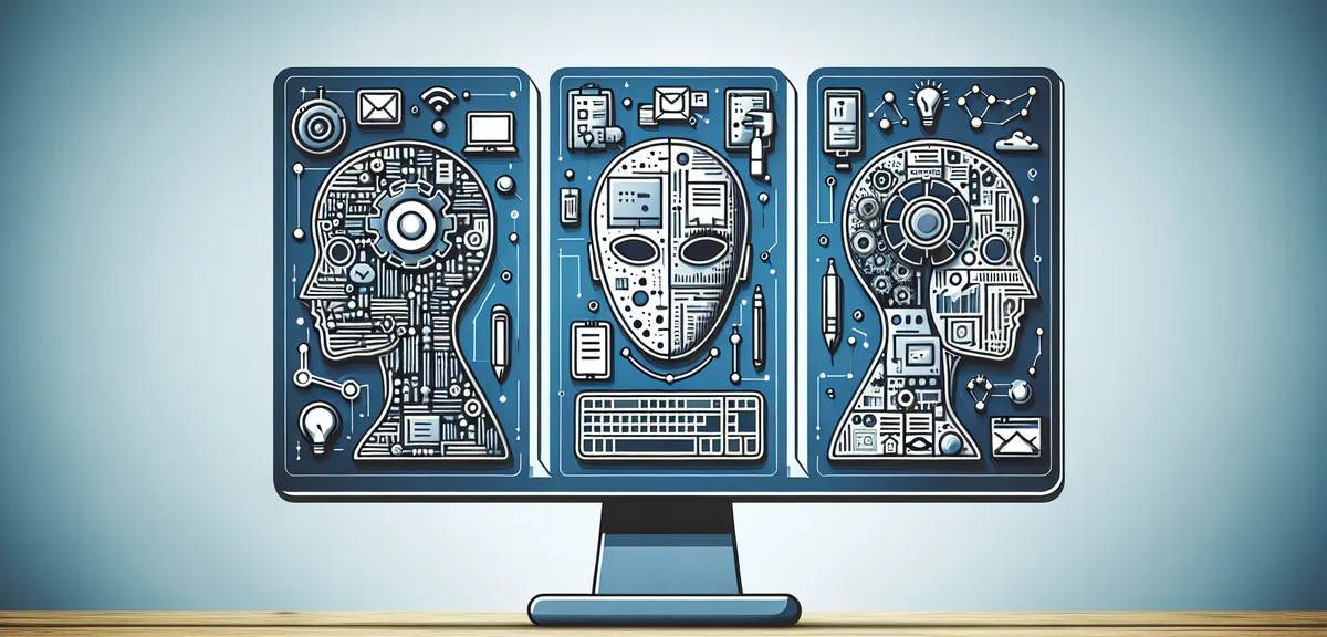 A split screen comparison showing three AI tools ChatGPT Claude Gemini side by side on a monitor, mi