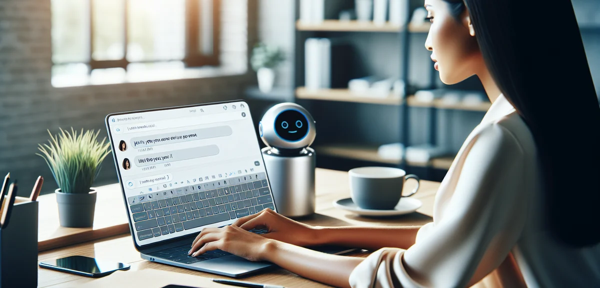 A person typing a prompt into an AI chatbot interface on a laptop screen, clean UI design, bright wo