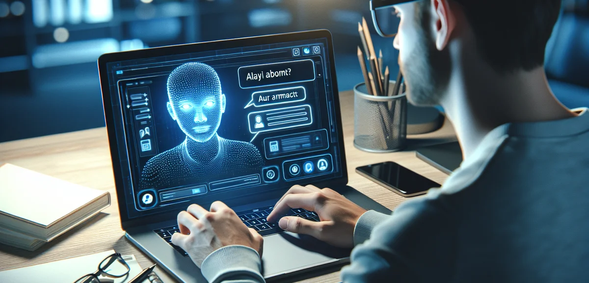 A person typing a prompt into an AI chatbot interface on a laptop screen, clean UI design, bright wo
