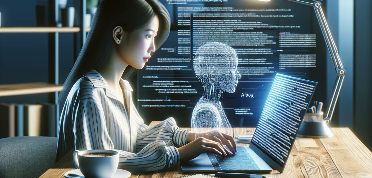 A person using AI to write a blog article, laptop with generated text on screen, coffee on desk, pro