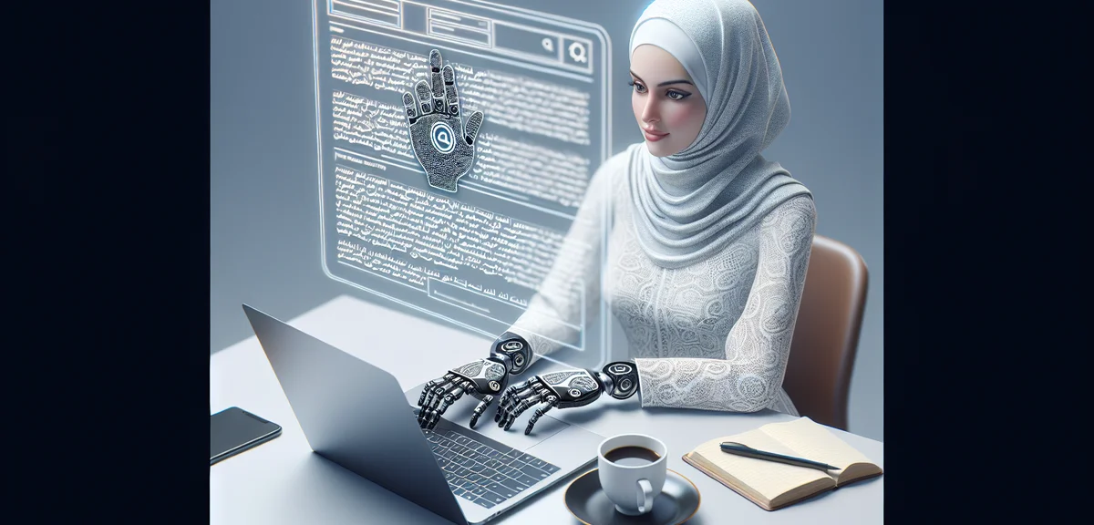 A person using AI to write a blog article, laptop with generated text on screen, coffee on desk, pro