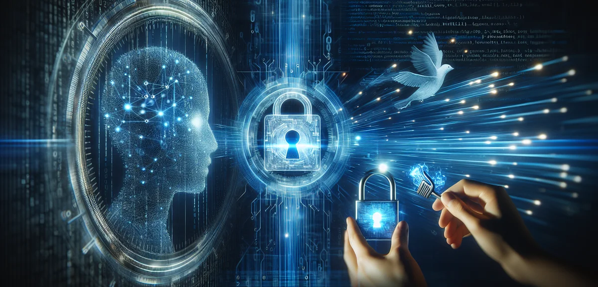 A lock and key protecting data flowing between a person and an AI interface, representing data priva