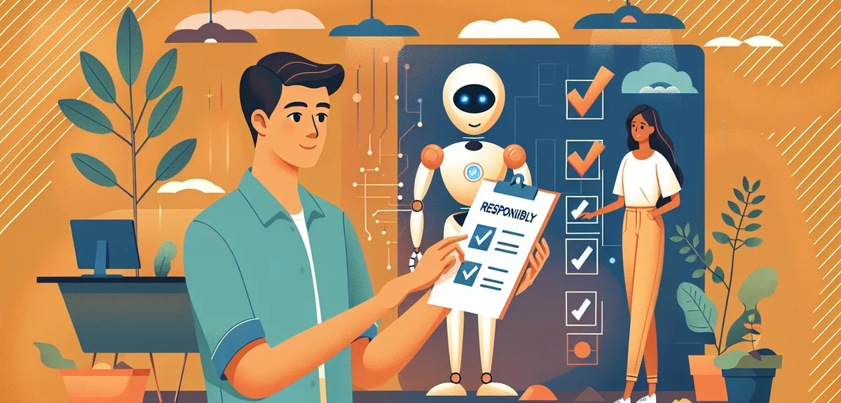 A person using AI tools responsibly with a checklist, balanced human-AI collaboration depicted visua