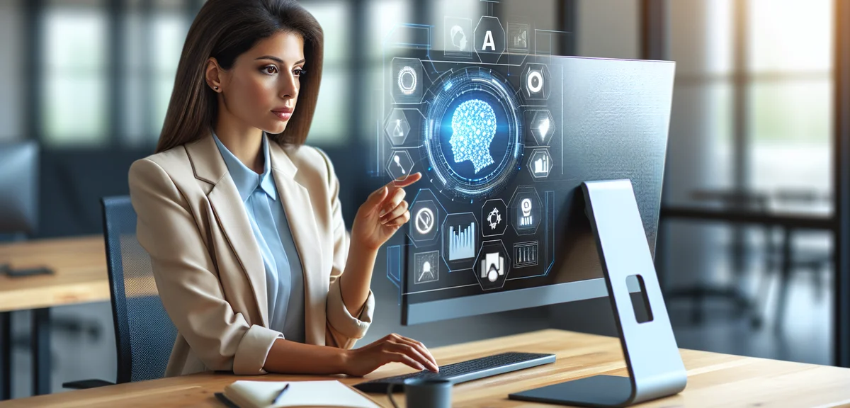Person at desk choosing between multiple AI tools on screen, decision making concept, bright modern