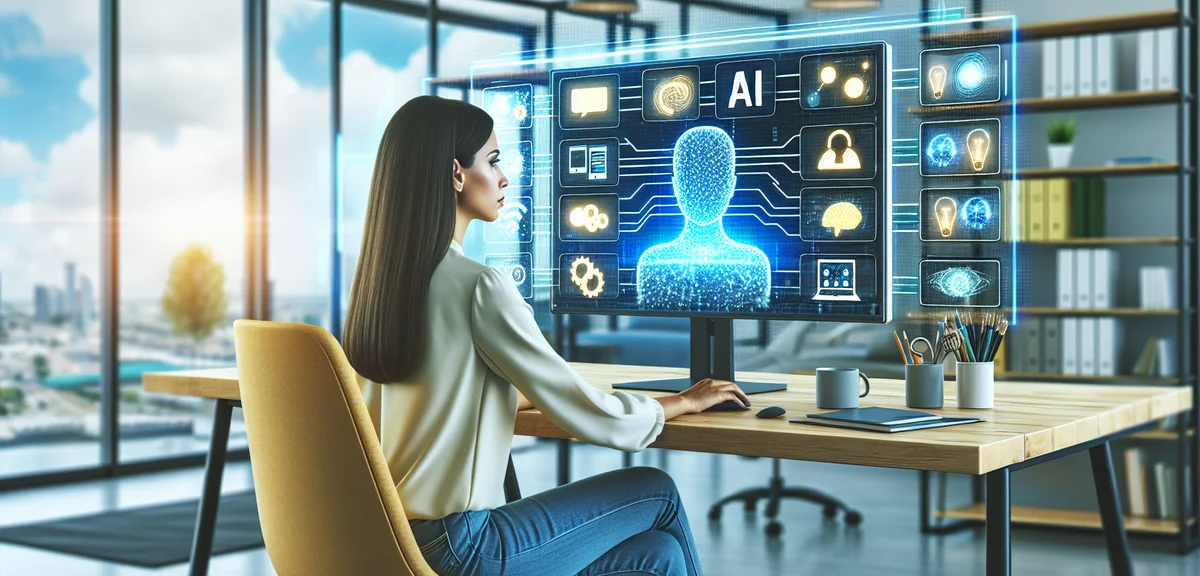 Person at desk choosing between multiple AI tools on screen, decision making concept, bright modern 