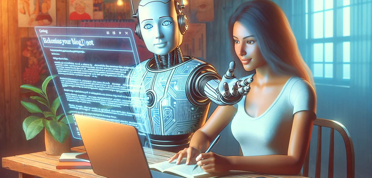 AI robot helping person write blog post on laptop, content creation partnership concept, warm produc