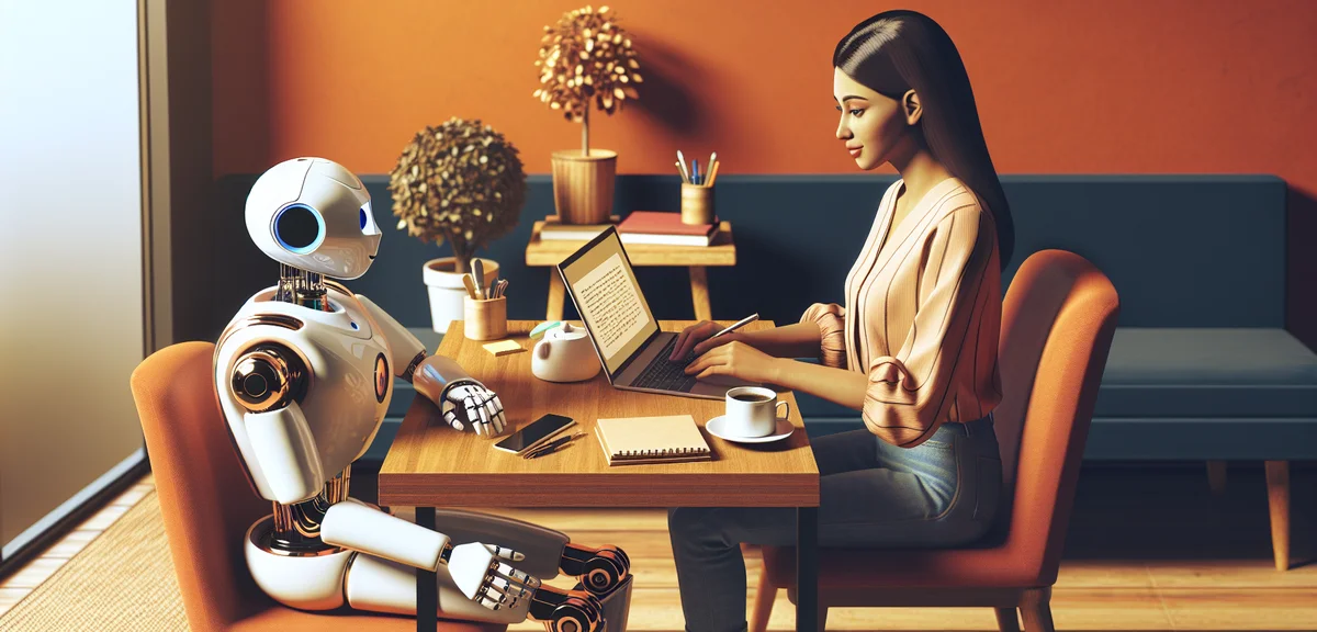 AI robot helping person write blog post on laptop, content creation partnership concept, warm produc