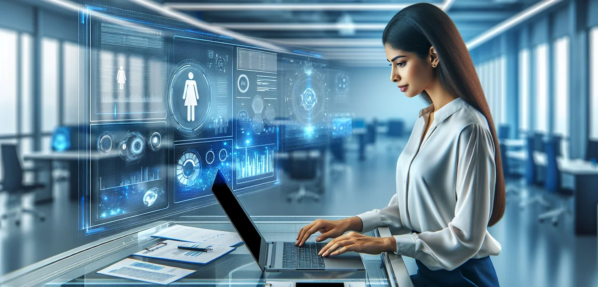 A business professional using AI on a laptop in a modern office, with holographic displays showing d