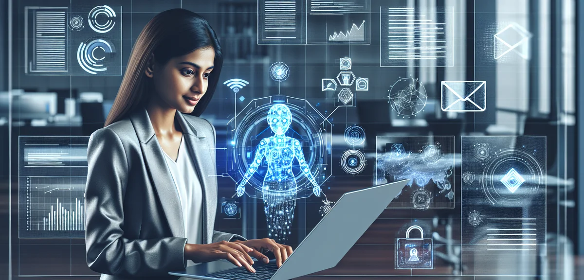 A business professional using AI on a laptop in a modern office, with holographic displays showing d