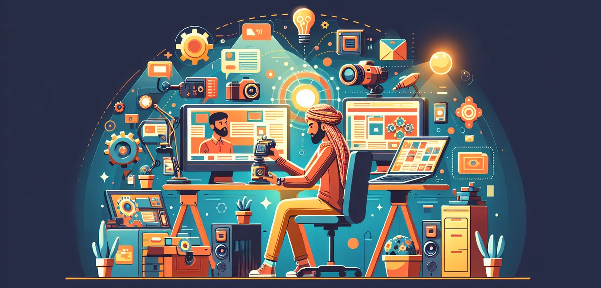 A creative person using AI tools for side jobs at home, generating blog articles, images, and videos