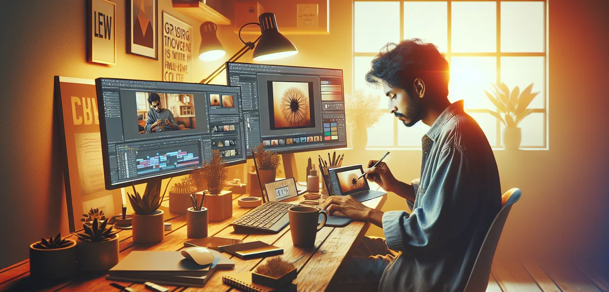 A creative person using AI tools for side jobs at home, generating blog articles, images, and videos