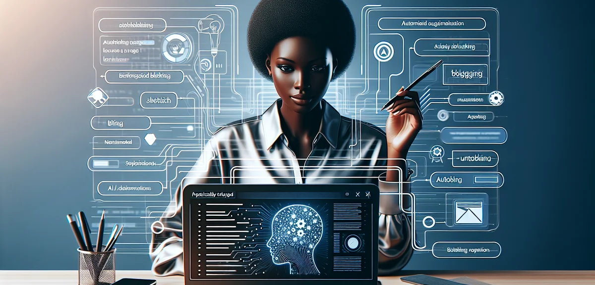 A person discovering Blog Auto AI tool on a laptop screen with automated blog posts being created, s