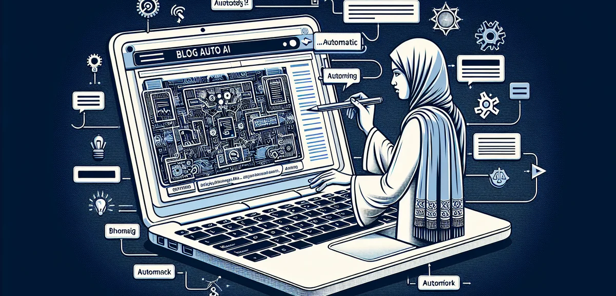 A person discovering Blog Auto AI tool on a laptop screen with automated blog posts being created, s