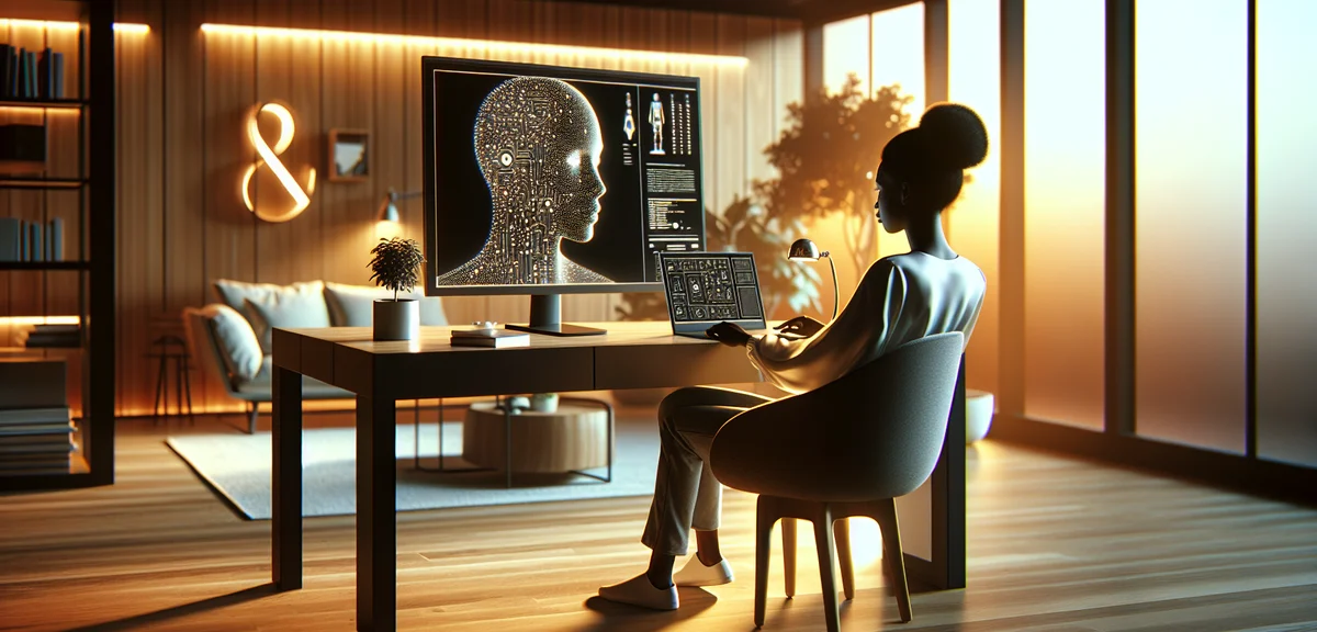A person sitting at a desk using a laptop with AI-generated text and images appearing on screen, war