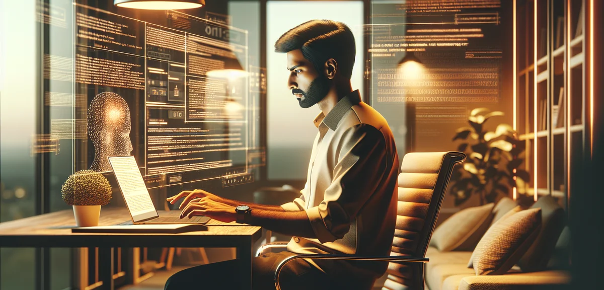 A person sitting at a desk using a laptop with AI-generated text and images appearing on screen, war