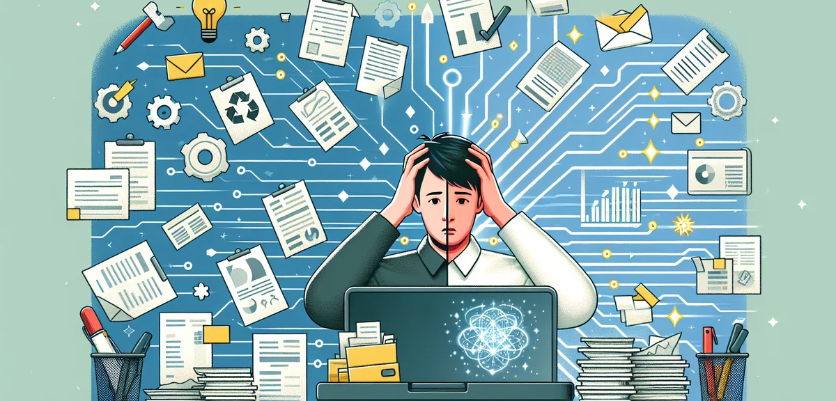 Split screen illustration showing before and after of AI assistance: left side shows a confused pers