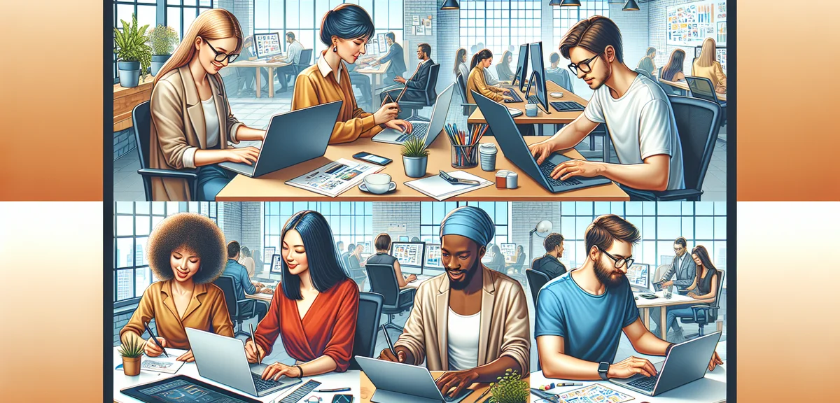A cheerful illustration of multiple professionals (writer, designer, programmer, marketer) collabora