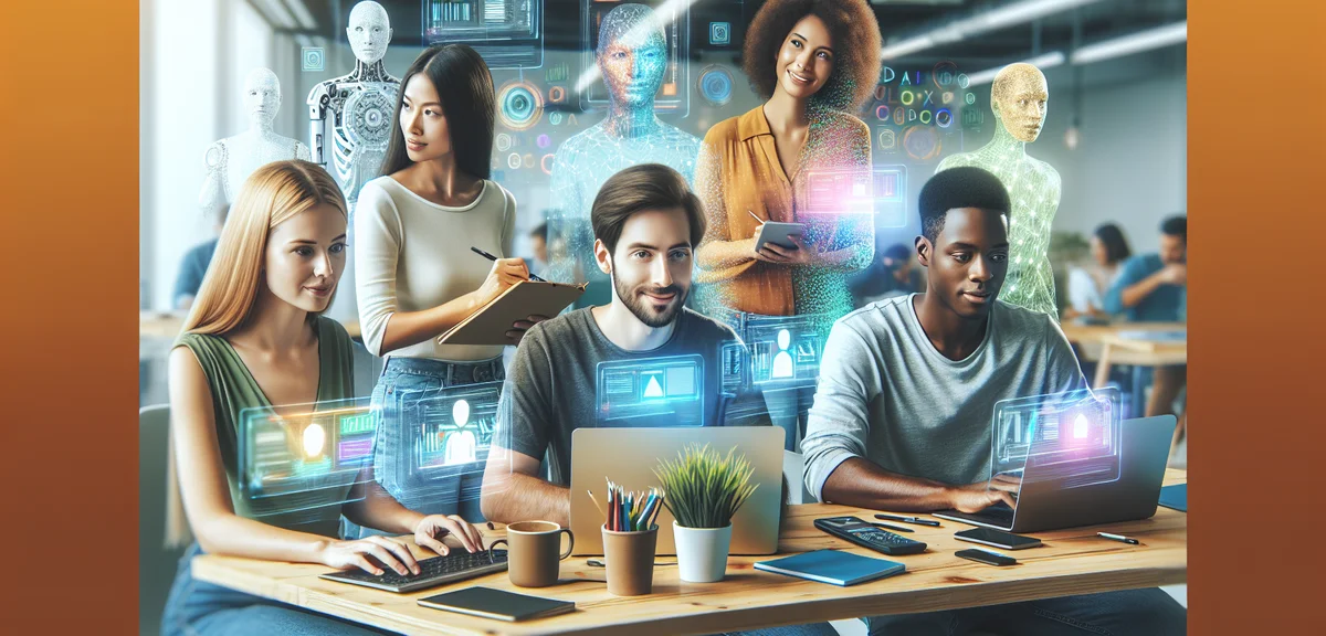 A cheerful illustration of multiple professionals (writer, designer, programmer, marketer) collabora