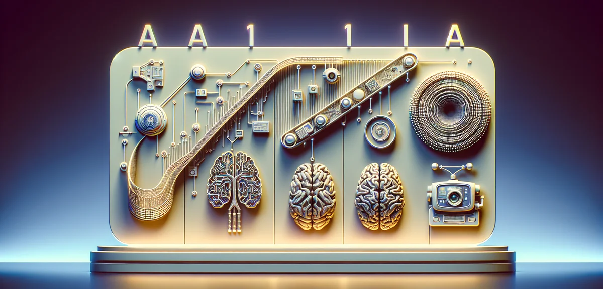 ルールベースAIから機械学習、生成AIへの進化を示すタイムライン図、クリーンでモダンなイラスト