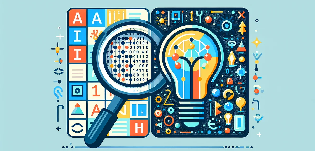 従来のAIがパターンを分析する様子と生成AIが新しいコンテンツを作り出す様子を横並びで比較するビジュアル、モダンなフラットデザイン