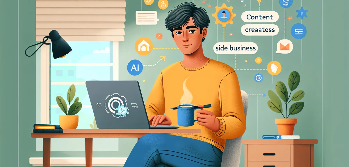AIツールを使ってコンテンツ制作や副業に取り組む人物、モダンなワークスペースイラスト、暖かく明るい色合い