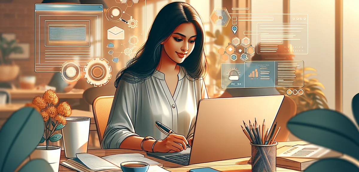 AIツールを使ってコンテンツ制作や副業に取り組む人物、モダンなワークスペースイラスト、暖かく明るい色合い