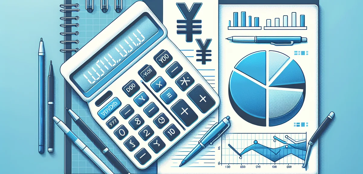 An illustration showing a calculator with yen symbols and a pie chart representing dividend yield, c