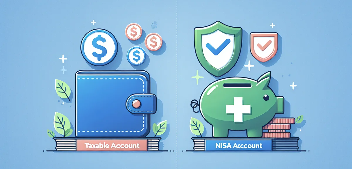 A comparison illustration of taxable account vs NISA account with shield icon for tax-free benefit, 