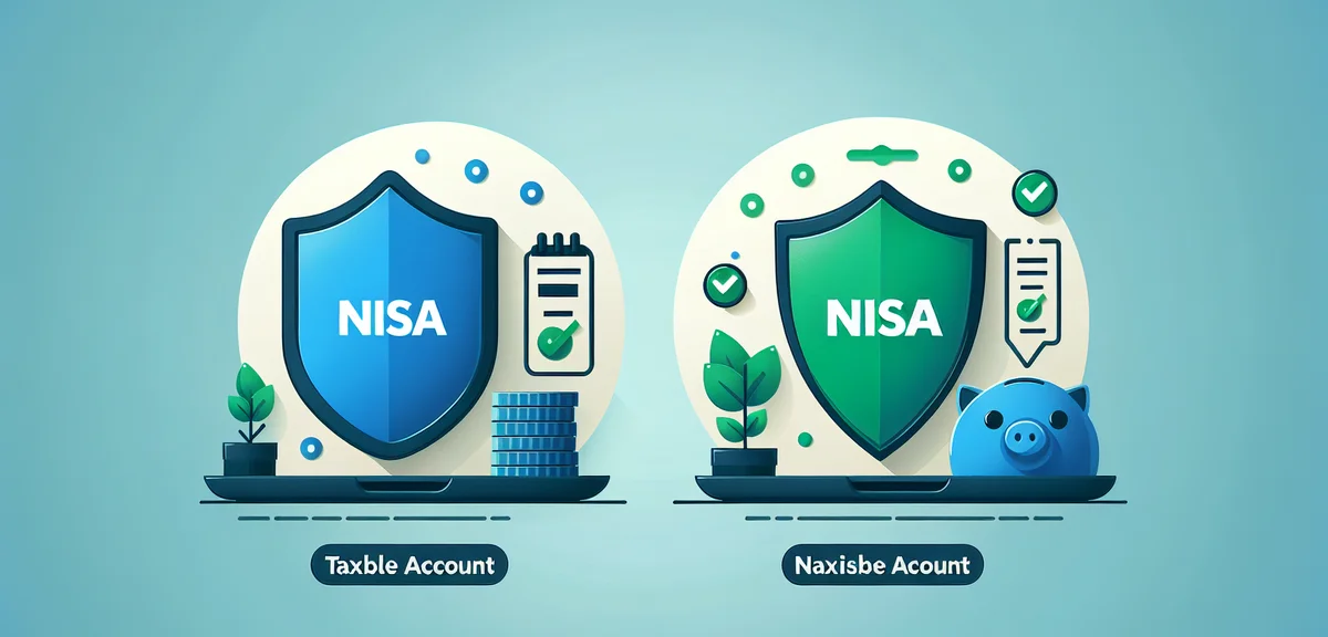A comparison illustration of taxable account vs NISA account with shield icon for tax-free benefit,