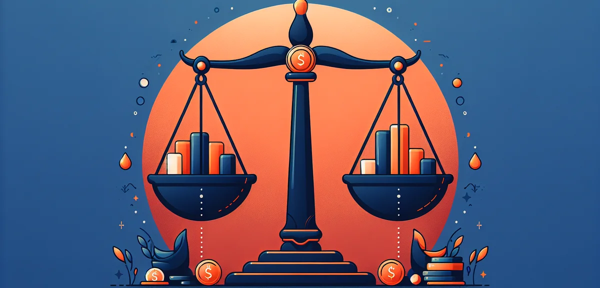 A balanced scale illustration showing risk and return with stock market elements, flat design, orang