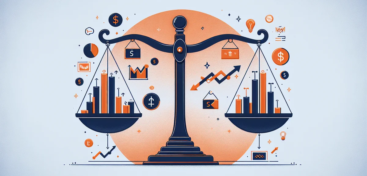 A balanced scale illustration showing risk and return with stock market elements, flat design, orang