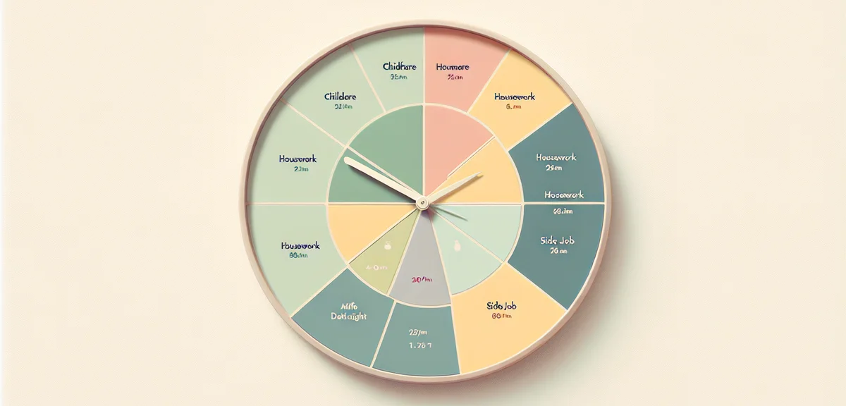 Clock showing daily schedule divided into childcare housework and side job time slots, organized pie