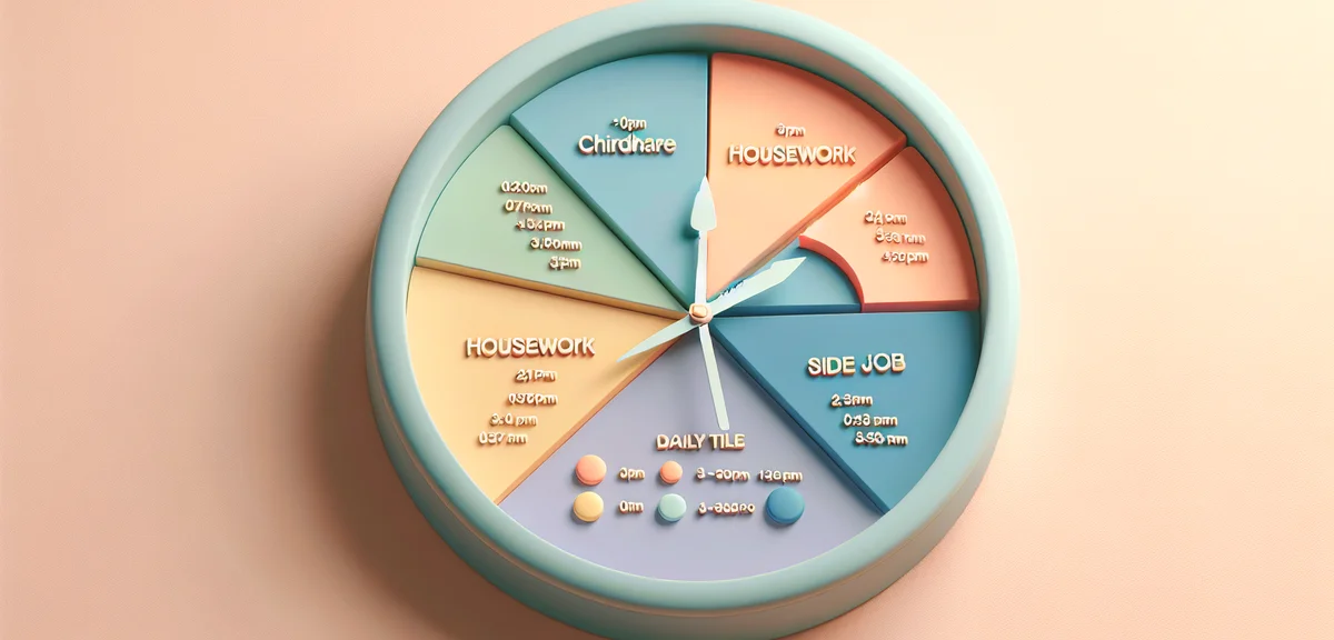 Clock showing daily schedule divided into childcare housework and side job time slots, organized pie