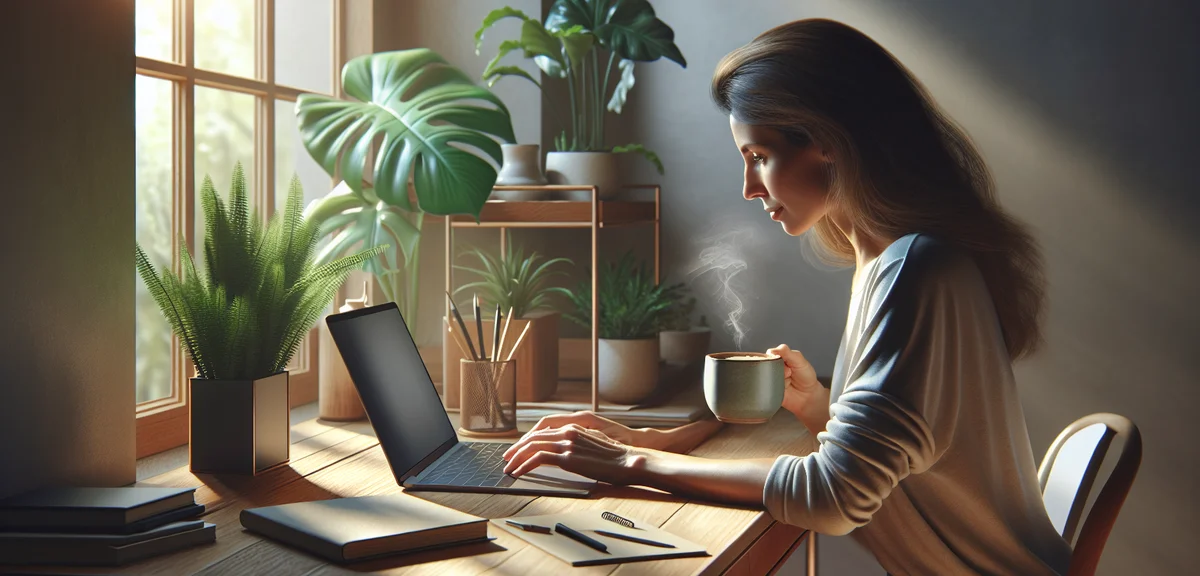 Woman typing on laptop with coffee cup, peaceful home office corner, plants and natural light, comfo