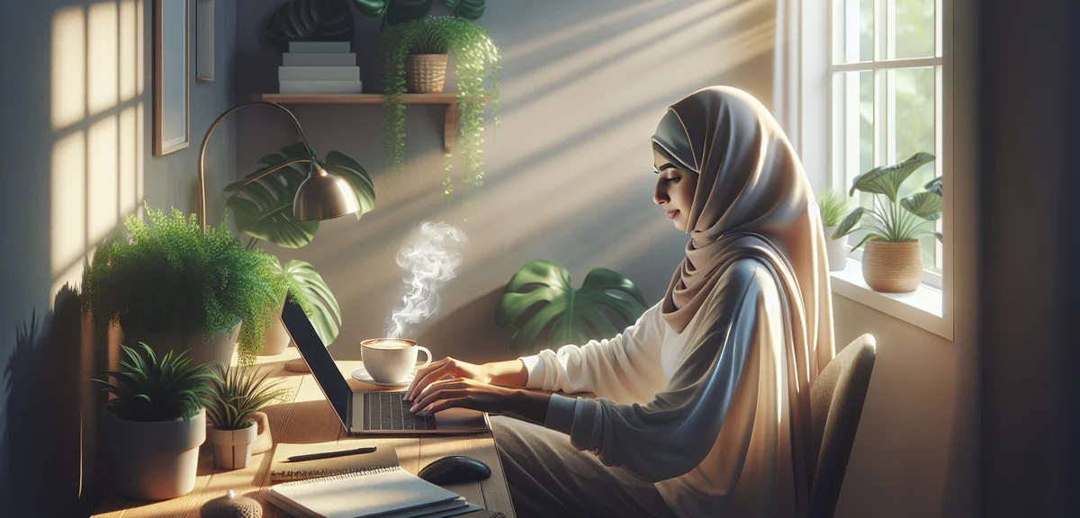 Woman typing on laptop with coffee cup, peaceful home office corner, plants and natural light, comfo