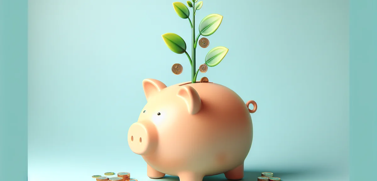 Piggy bank growing with coins and small plants, savings and income growth concept, cheerful hopeful 