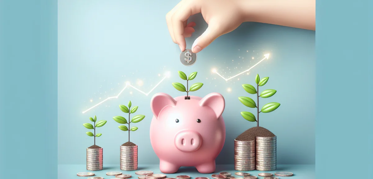 Piggy bank growing with coins and small plants, savings and income growth concept, cheerful hopeful 