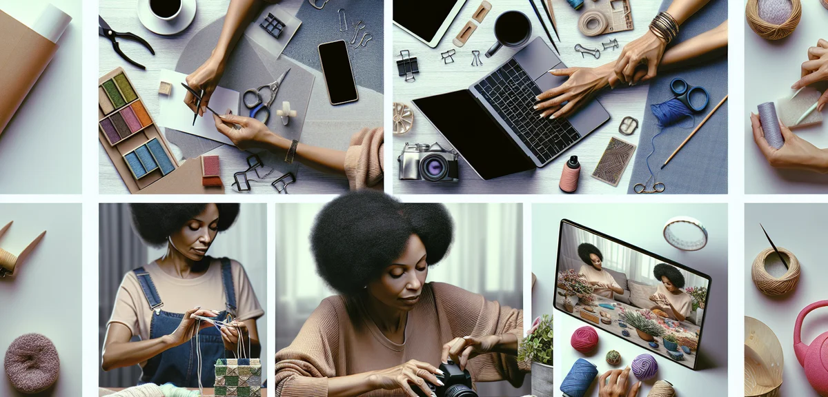 A woman doing multiple tasks at home - typing on laptop, crafting, and taking photos of handmade pro