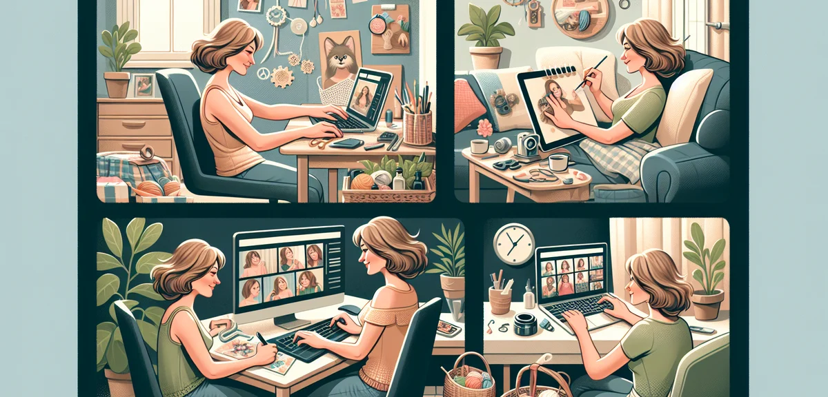 A woman doing multiple tasks at home - typing on laptop, crafting, and taking photos of handmade pro