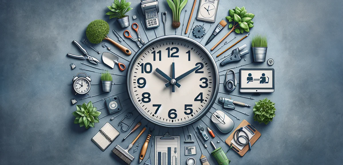 A clock showing flexible time slots with icons of different side jobs arranged around it, representi
