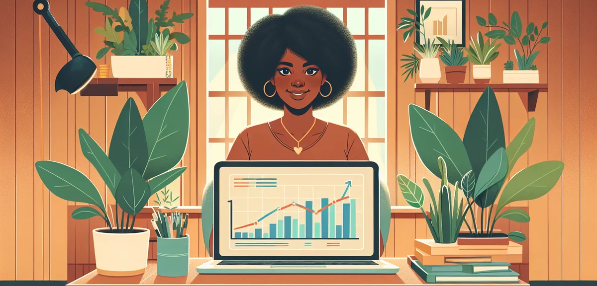 A happy woman looking at her laptop screen showing earnings growth chart, home office setting with p