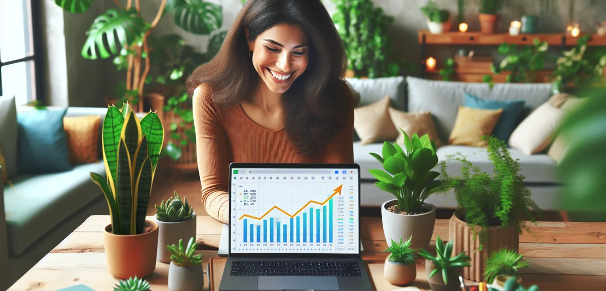 A happy woman looking at her laptop screen showing earnings growth chart, home office setting with p