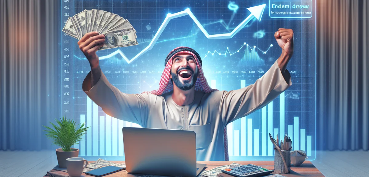 Person celebrating blog income success, dashboard showing earnings growth, achievement concept, brig