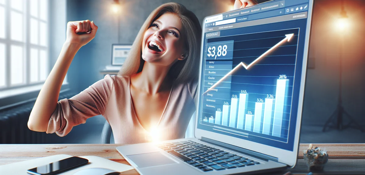Person celebrating blog income success, dashboard showing earnings growth, achievement concept, brig