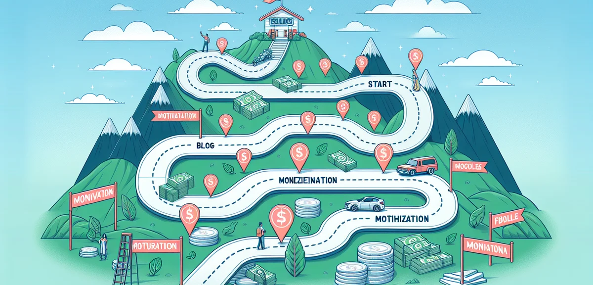 Step by step blog monetization roadmap, milestone markers, journey from start to success, motivation