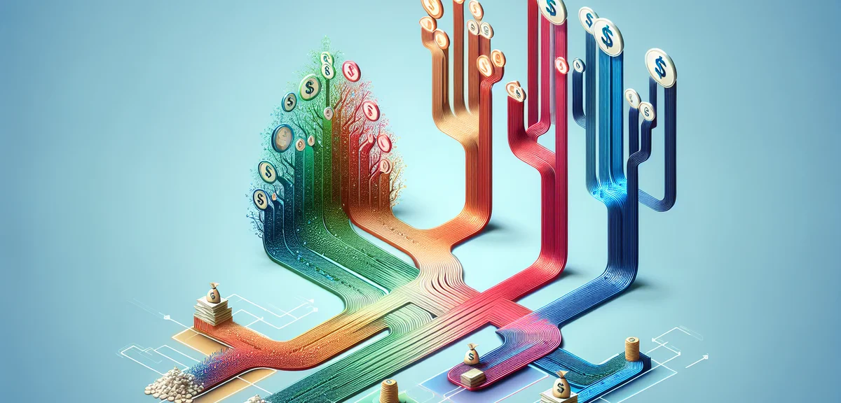 Multiple passive income sources working together, automated money flow diagram, diversified portfoli